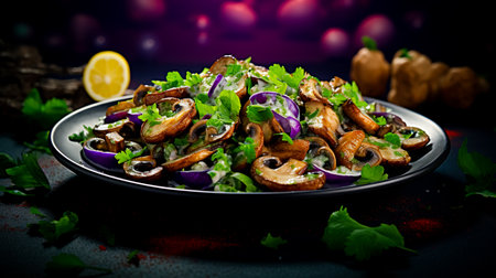 Salad with eggplant in batter and fried mushrooms. Healthy and tasty food concept.の素材