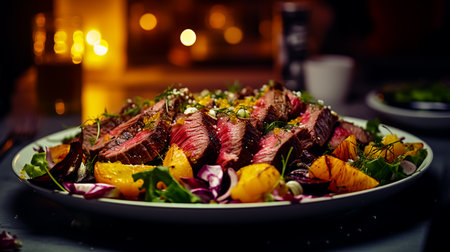 Salad with roast beef and caramelized beets with orange fillet, potatoes, parmesan, salad mix with citrus dressing and olive oil. healthy food.の素材