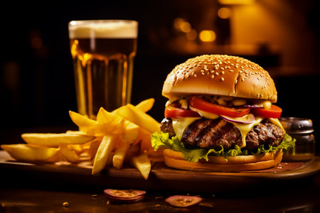 Set of different burgers with French fries and a glass of beer. Burger with chicken, beef and smoked pork. Photo for the menu.の素材