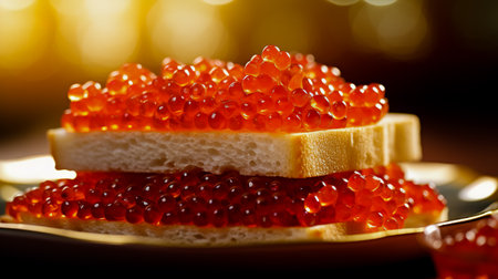 Sandwiches with red caviar on white plate close up.の素材