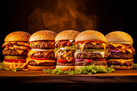 Set of different burgers with French fries. Burger with chicken, beef and smoked pork. Photo for the menu.の素材