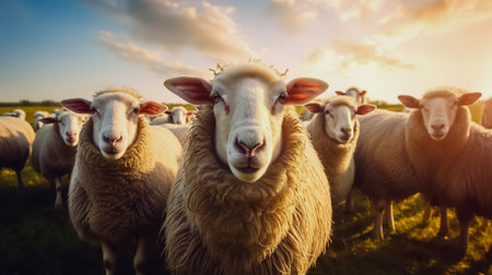 Sheep herd at green field.の素材