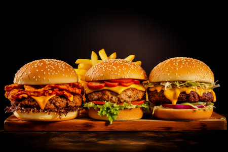 Set of different burgers with French fries. Burger with chicken, beef and smoked pork. Photo for the menu.の素材