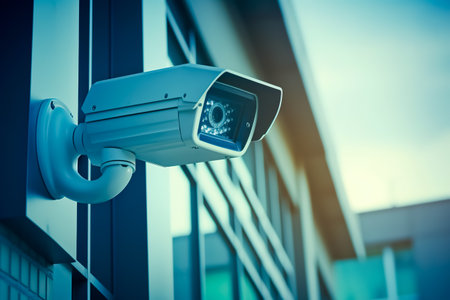 Security camera mounted on the side of white wall with building, close up.の素材