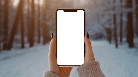 Smartphone in female hands in the winter forest. Sunny winter day. mobile smart phone mockup, empty white display.の素材