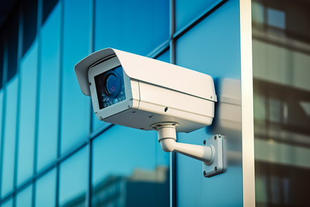 Security camera mounted on the side of white wall with building, close up.の素材