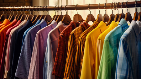 Row of colorful shirts hanging on rack in front of window.の素材