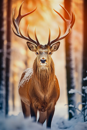 Red deer in winter forest looking to camera. wildlife, Protection of Nature.の素材
