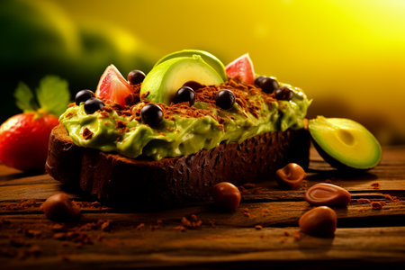 Scrambled on toast with guacamole, shrimp and olives. Healthy and tasty breakfast on a plate.の素材
