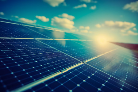 Solar panel energy from the sun. Under the blue sky.の素材