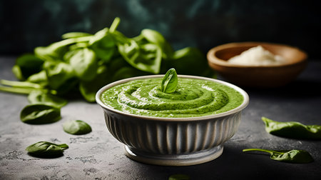 Spinach cream soup in bowl on white rustic table. Healthy and delicious food. Photo for the menu. Healthy food concept.の素材