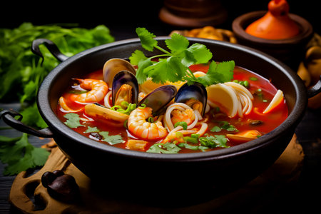 Spicy Asian tom yum soup with shrimp, squid, mussels and vegetables. Asian cuisine. Delicious and healthy food. Photo for the menu.の素材