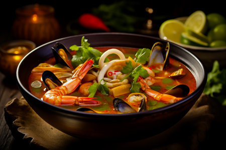 Spicy Asian tom yum soup with shrimp, squid, mussels and vegetables. Asian cuisine. Delicious and healthy food. Photo for the menu.の素材