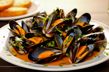 Steamed mussels entree. Cooked mussels on white plate on white background deliciousness seafood.の素材