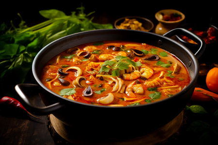 Spicy Asian tom yum soup with shrimp, squid, mussels and vegetables. Asian cuisine. Delicious and healthy food. Photo for the menu.の素材