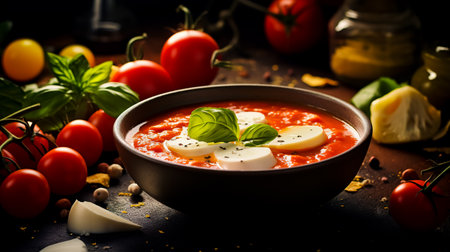 Summer cold tomato vegetable soup Gazpacho with mozzarella cheese on the black table. Vegetarian cuisine.の素材