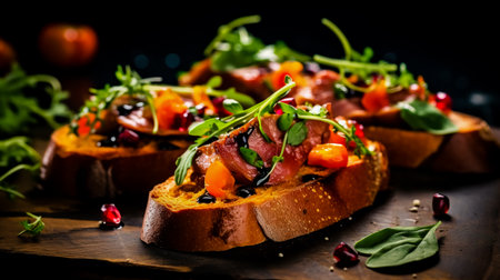 Traditional Italian antipasto bruschetta appetizer with meat, fish, greens and balsamic vinegar. Bruschetta with beef, onion, sweet potato, salmon, lime. Photo for the menu.の素材