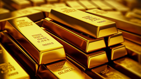Stacks of pure gold bar on dark background. Represent business and finance concept idea.の素材