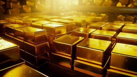 Stacks of pure gold bar on dark background. Represent business and finance concept idea.の素材