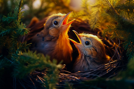 Chicks in the nest in the thickets. Grown up thrush chicks open their beak before eating.の素材