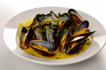 Steamed mussels entree. Cooked mussels on white plate on white background deliciousness seafood.の素材