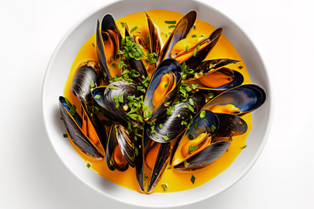 Steamed mussels entree. Cooked mussels on white plate on white background deliciousness seafood.の素材