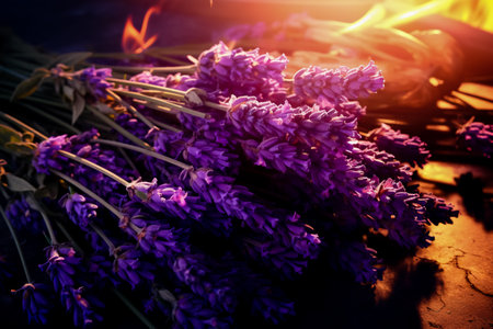The process of drying lavender in bunches. The concept of healthcare, medicine.の素材