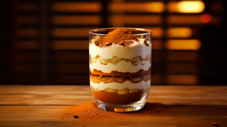 Traditional Italian dessert tiramisu in a glass on a wooden table.の素材