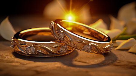 Wedding rings on wooden background.の素材