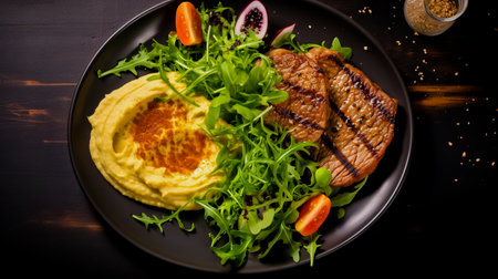 Veal medallion with salad and hummus hummus. Serving food in a restaurant. Healthy food concept. Top view. Photo for the menu.の素材