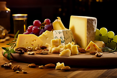 Various types of cheese set with grapes and nuts, on a wooden table.の素材