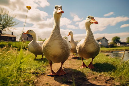 Village stroll, geese gracefully roaming through the scenic landscape, farming, eco farming.の素材