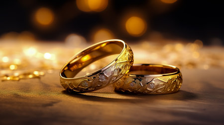 Wedding rings on wooden background.の素材