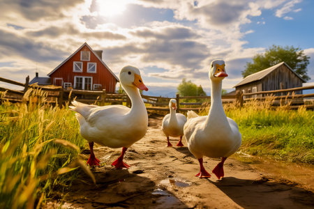 Village stroll, geese gracefully roaming through the scenic landscape, farming, eco farming.の素材