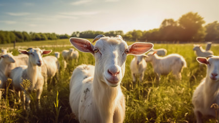 White goats in a meadow of a goat farm. White goats.の素材