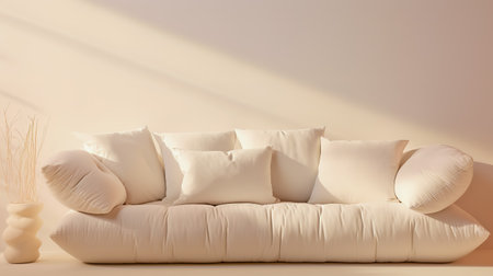 White couch with white pillows on it and white wall in the background.の素材