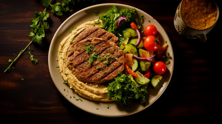 Veal medallion with salad and hummus hummus. Serving food in a restaurant. Healthy food concept. Top view. Photo for the menu.の素材