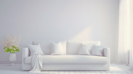 White couch with white pillows on it and white wall in the background.の素材