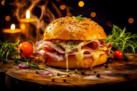 Vegetables and meat baked bun with ham, cheese and herbs. French breakfast.の素材