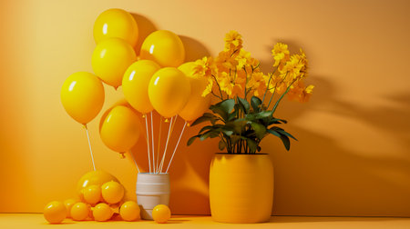 Yellow background with balloons flowers and potted plant in the center.の素材
