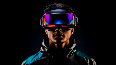 Young man wearing virtual reality VR glasses, goggles isolated on black background.の素材