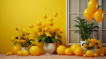 Yellow background with balloons flowers and potted plant in the center.の素材