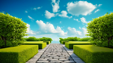 Concrete path with green hedges trimmed in the shape of a square on a background of blue sky and clouds.の素材