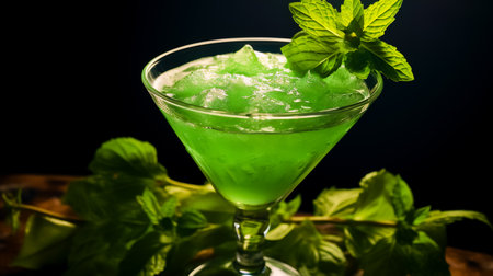 Green cocktail with mint and basil in a glass.の素材