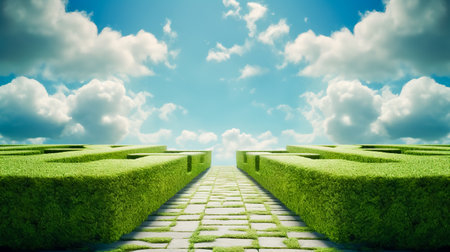 Concrete path with green hedges trimmed in the shape of a square on a background of blue sky and clouds.の素材