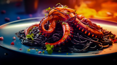 Dish painted black cuttlefish ink spaghetti with seafood.の素材