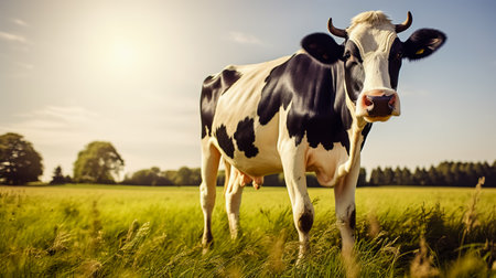 Cow on the lawn. Spotted cow grazing on beautiful green meadow. Holstein cow, resting in a meadow. Black and white cow, eco farming in the Netherlands.の素材