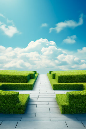 Concrete path with green hedges trimmed in the shape of a square on a background of blue sky and clouds.の素材