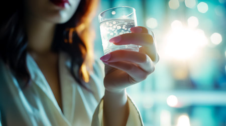 A woman in a medical gown holds a glass of water.の素材