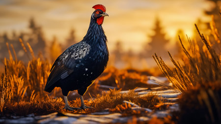 Lekking black grouse on spring swamp. Spring colors of moors with black grouse, blackcock. Male Black Grouse lek game at sunrise.の素材